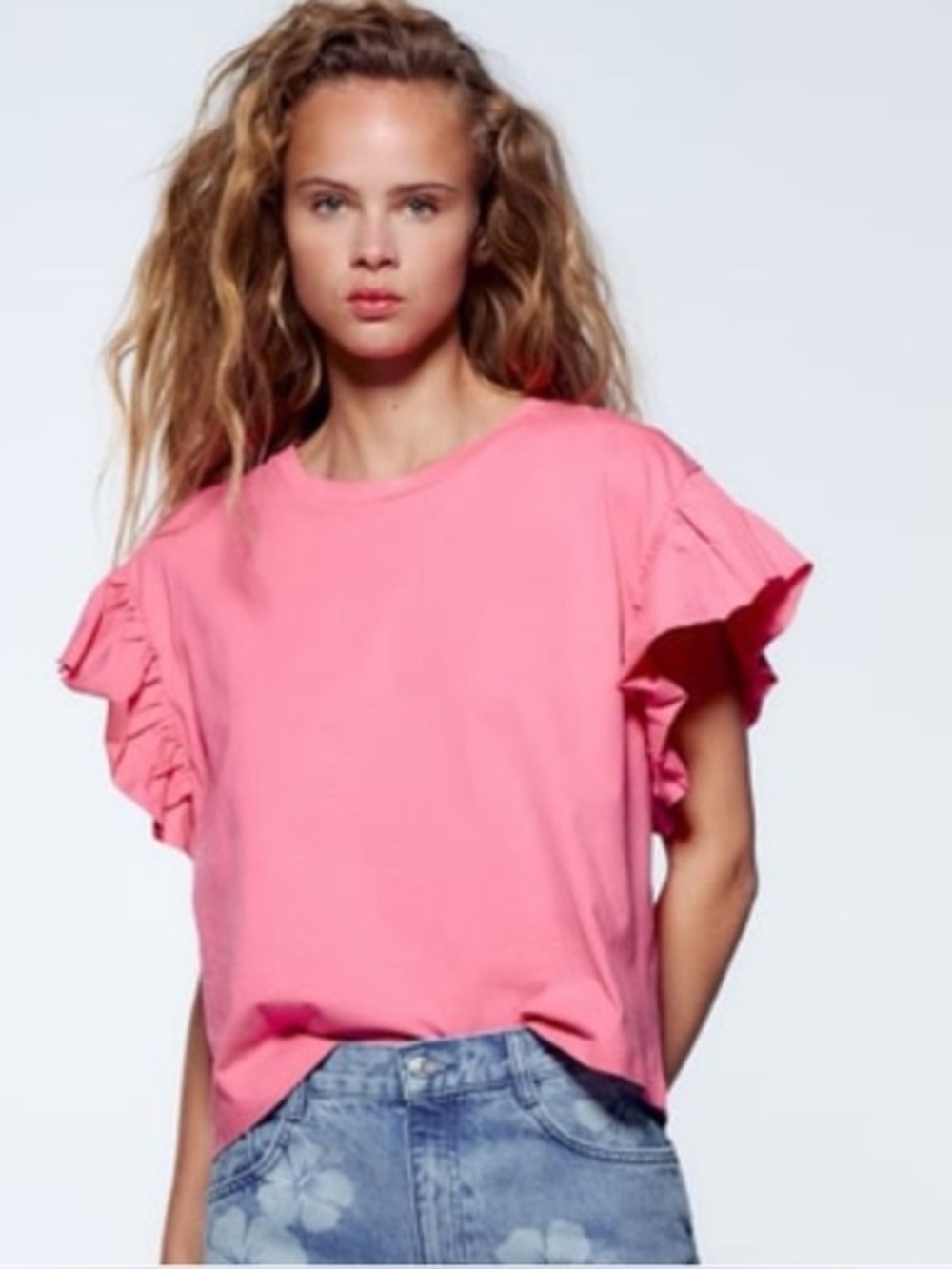 Zara Light Pink Ruffle Sleeve Cotton Tee